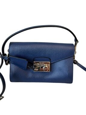 Authentic PRADA Blue Saffiano Lux Leather 2way Sound Flap Mini Crossbody Bag